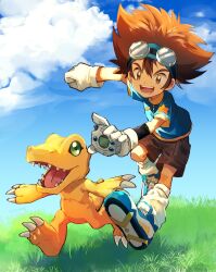 Rule 34 | 1boy, :d, agumon, blue footwear, brown eyes, brown hair, brown shorts, clenched hand, cloud, day, digimon, digimon (creature), digimon adventure, digivice, gloves, goggles, grass, green shirt, hair between eyes, happy, highres, holding, male focus, open mouth, outdoors, running, sharp teeth, shirt, short sleeves, shorts, smile, socks, stim yyy, teeth, tongue, white footwear, white socks, yagami taichi