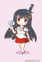 Rule 34 | 10s, 1girl, alternate costume, black hair, chibi, fusou (kancolle), gym shirt, hand fan, headgear, highres, kantai collection, kneehighs, long hair, mae (maesanpicture), name tag, paper fan, pleated skirt, red eyes, shirt, simple background, skirt, smile, socks, solo, twitter username, uchiwa