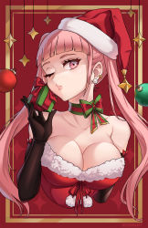 Rule 34 | 1girl, alternate costume, bare shoulders, black gloves, bow, box, breasts, choker, christmas, christmas ornaments, cleavage, collarbone, commentary, dress, earrings, elbow gloves, english commentary, female focus, fire emblem, fire emblem: three houses, fire emblem heroes, fur-trimmed dress, fur-trimmed headwear, fur trim, gift, gift box, gloves, green bow, hat, highres, hilda valentine goneril, holding, holding gift, jewelry, large breasts, lips, long hair, looking at viewer, matching hair/eyes, multicolored bow, nintendo, one eye closed, pink eyes, pink hair, red background, red bow, red dress, red ribbon, ribbon, santa costume, santa hat, solo, star (symbol), twintails, twitter username, wink, zedoraart