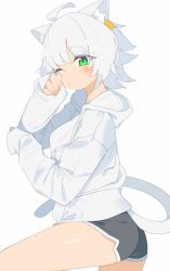 Rule 34 | 1girl, animal ear fluff, animal ears, cat ears, cat girl, cat tail, commentary request, dolphin shorts, green eyes, grey shorts, highres, hood, hoodie, long sleeves, one eye closed, original, rasusurasu, short shorts, shorts, simple background, sleeves past wrists, solo, tail, white background, white hair, white hoodie, wiping face
