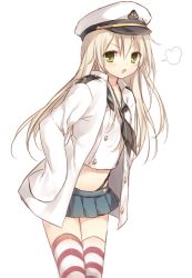 Rule 34 | 1girl, admiral (kancolle), admiral (kancolle) (cosplay), alternate costume, black panties, blonde hair, borrowed clothes, cosplay, elbow gloves, gloves, green eyes, hairband, highleg, highleg panties, kantai collection, komeshiro kasu, long hair, long sleeves, looking at viewer, panties, personification, pleated skirt, shimakaze (kancolle), simple background, skirt, sleeves past wrists, solo, striped clothes, striped thighhighs, thighhighs, underwear, white background