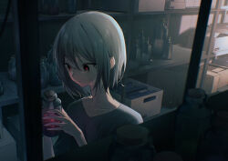 Rule 34 | 1girl, bottle, box, cardboard box, closed mouth, collarbone, corked bottle, from side, grey hair, highres, holding, holding bottle, indoors, looking at object, medium hair, original, shelf, shi wo 3, short sleeves, solo, upper body