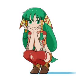 Rule 34 | 1girl, breasts, closed mouth, feena (grandia), full body, grandia, grandia i, green eyes, green hair, hair ornament, hair tubes, jewelry, long hair, looking at viewer, low-tied long hair, medium breasts, midriff, simple background, skirt, smile, solo, squid neetommy, thighhighs, v, white background, wide sleeves