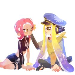 Rule 34 | 2girls, agent 3 (splatoon), agent 8 (splatoon), black skirt, blonde hair, closed mouth, crop top, eye contact, gradient hair, green eyes, hat, headgear, indian style, inkling, inkling girl, inkling player character, long hair, long sleeves, looking at another, medium hair, miniskirt, multicolored hair, multiple girls, nintendo, no lineart, octoling, octoling girl, octoling player character, orange eyes, patchwork clothes, peaked cap, pencil skirt, purple hair, simple background, single bare shoulder, single sleeve, sitting, skirt, smile, splatoon (series), splatoon 2, splatoon 2: octo expansion, splatoon 3, thenintlichen96, thigh strap, two-tone hair, very long hair, white background, yokozuwari, zipper