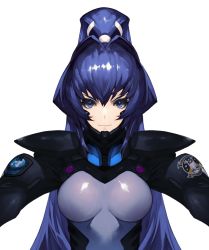 Rule 34 | 1girl, artist request, blue eyes, blue hair, breasts, fortified suit, long hair, medium breasts, mitsurugi meiya, muv-luv, muv-luv alternative, official art, pilot suit, project mikhail, skin tight, solo, transparent background, upper body, v-shaped eyebrows, very long hair