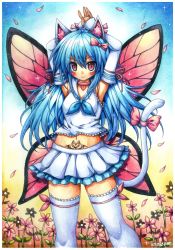 Rule 34 | 1girl, animal ear fluff, animal ears, armpits, blue hair, blush stickers, bow, breasts, butterfly wings, cat ears, cat tail, choker, commission, emperpep, fairy wings, flower, frilled skirt, frills, highres, indie virtual youtuber, insect wings, long hair, midriff, neckerchief, petals, pink bow, pink eyes, pink wings, pubic tattoo, school uniform, serafuku, shimo hisae, shirt, signature, skirt, small breasts, tail, tattoo, thighhighs, traditional media, virtual youtuber, white shirt, white skirt, white thighhighs, wings, zettai ryouiki
