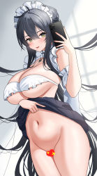 Rule 34 | 1girl, :p, absurdres, arm strap, azur lane, black hair, black skirt, blush, bra, breasts, cellphone, censored, clothes lift, covered navel, crotch cutout, frills, fujioni, green eyes, groin, hair between eyes, heart, heart censor, highres, holding, holding phone, indomitable (azur lane), indomitable (ms. motivationless maid) (azur lane), large breasts, lifted by self, long hair, looking at viewer, maid headdress, no legwear, no panties, partially visible vulva, phone, pussy, skindentation, skirt, skirt lift, smartphone, smile, solo, tongue, tongue out, underboob, underwear, very long hair, white bra