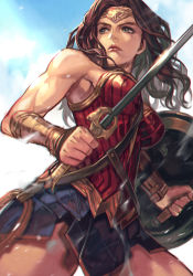Rule 34 | 1girl, armor, armored dress, bare shoulders, black hair, blue eyes, blue skirt, blue sky, bracer, breasts, circlet, closed mouth, cloud, cowboy shot, day, dc comics, dress, holding, holding shield, holding sword, holding weapon, hungry clicker, lips, long hair, medium breasts, muscular, muscular female, red armor, sash, shield, skirt, sky, solo, standing, strapless, strapless dress, sunlight, superhero costume, sword, tiara, toned, weapon, wonder woman, wonder woman (series)