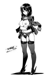 Rule 34 | 10s, 1girl, blush, breast hold, breasts, female focus, full body, garter belt, gloves, greyscale, high heels, highres, kantai collection, large breasts, monochrome, nipples, no bra, no pants, open clothes, panties, short hair, solo, standing, tachibana roku, takao (kancolle), thighhighs, underwear