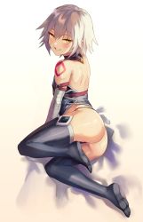 Rule 34 | 1girl, absurdres, ass, bandaged arm, bandages, bare back, bare shoulders, black panties, black thighhighs, blue eyes, eredhen, facial scar, fate/apocrypha, fate/grand order, fate (series), feet, green eyes, grin, highres, jack the ripper (fate/apocrypha), looking at viewer, looking back, lowleg, lowleg panties, naughty face, panties, partially visible vulva, scar, scar across eye, scar on cheek, scar on face, short hair, shoulder tattoo, smile, tattoo, thighhighs, underwear, white hair