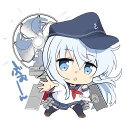 Rule 34 | 1girl, anchor symbol, black hat, black sailor collar, black skirt, blue eyes, blue hair, chibi, commentary request, electric fan, flat cap, full body, hair between eyes, hat, hibiki (kancolle), highres, hizuki yayoi, kantai collection, long hair, long sleeves, looking at viewer, machinery, neckerchief, open mouth, pleated skirt, red neckerchief, revision, sailor collar, school uniform, serafuku, shirt, simple background, skirt, solo, translation request, very long hair, white background, white shirt