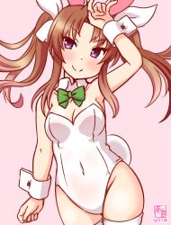 Rule 34 | 1girl, alternate costume, animal ears, artist logo, blush, bow, bowtie, breasts, brown hair, covered navel, cowboy shot, dated, detached collar, fake animal ears, fake tail, gradient background, hair ribbon, kagerou (kancolle), kanon (kurogane knights), kantai collection, leotard, long hair, looking at viewer, one-hour drawing challenge, pink background, playboy bunny, purple eyes, rabbit ears, rabbit tail, ribbon, small breasts, smile, solo, strapless, strapless leotard, tail, thighhighs, traditional bowtie, twintails, white leotard, white thighhighs, wrist cuffs