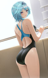 Rule 34 | 1girl, absurdres, aqua hair, ass, ass focus, back, back cutout, bare arms, blush, clothing cutout, competition swimsuit, cowboy shot, eula (genshin impact), from behind, genshin impact, gradient eyes, hairband, highres, looking at viewer, looking back, multicolored eyes, one-piece swimsuit, open mouth, rosumerii, short hair, solo, standing, swimsuit, thighs, twitter username
