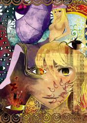 Rule 34 | 2girls, abstract, blonde hair, breasts, bug, butterfly, chair, chen, chen (cat), dress, evil smile, eye focus, eyeball, facial mark, fire, floral background, full body, grin, hat, heterochromia, insect, jitome, long hair, looking at viewer, mob cap, multiple girls, multiple tails, parted lips, patterned, purple dress, red eyes, sitting, slit pupils, smile, suehan, symbolism, tail, throne, topless, touhou, two tails, umbrella, yakumo ran, yakumo yukari, yellow eyes