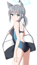 Rule 34 | 1girl, absurdres, animal ear fluff, animal ears, bare arms, bare shoulders, black one-piece swimsuit, blue archive, blue eyes, breasts, commentary request, competition swimsuit, from side, grey hair, hair between eyes, hair ornament, halo, highres, long hair, looking at viewer, looking to the side, low ponytail, medium breasts, one-piece swimsuit, ponytail, shiroko (blue archive), shiroko (swimsuit) (blue archive), simple background, solo, standing, swimsuit, swon (joy200892), white background