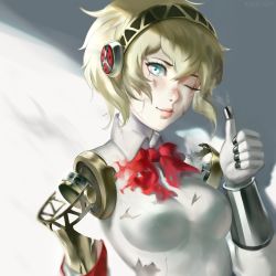 Rule 34 | 1girl, absurdres, aegis (persona), blonde hair, blood, blue eyes, highres, injury, looking at viewer, neck ribbon, one eye closed, persona, persona 3, ragecndy, ribbon, smile, solo, thumbs up