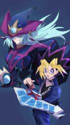 Rule 34 | 1boy, 1girl, ass, black dress, black gloves, black hair, black hat, black shirt, blonde hair, blue background, blue eyes, blue hair, blue jacket, blue pants, breasts, card, collarbone, dress, duel disk, gloves, hat, highres, holding, holding card, jacket, large breasts, long hair, medium hair, multicolored hair, muto yugi, official alternate color, pants, purple eyes, purple hair, r42r98r, shirt, silent magician, trading card, witch hat, yu-gi-oh!, yu-gi-oh! duel monsters