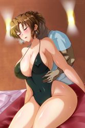 Rule 34 | 1boy, 1girl, agent aika, aika (series), ass, back, bare arms, bare legs, bed, bent over, black one-piece swimsuit, blue eyes, blush, breasts, brown hair, commentary request, curvy, earrings, embarrassed, from behind, grabbing, grabbing from behind, groping, heavy breathing, hetero, highleg, highleg swimsuit, highres, jewelry, large breasts, looking at viewer, looking back, lying, m.i.y, makeup, medium breasts, on bed, one-piece swimsuit, open mouth, shiny skin, shoulder blades, sitting, steaming body, sumeragi aika, sweat, swimsuit, thighs, wide hips