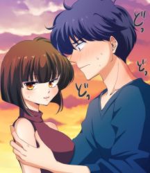 Rule 34 | bare shoulders, black hair, black shirt, blue eyes, blunt bangs, blush, bob cut, breasts, brown hair, cloud, collarbone, commentary, dusk, eyelashes, hand on another&#039;s shoulder, height difference, kunou tatewaki, large breasts, looking at another, looking away, nose blush, ranma 1/2, red shirt, shirt, short hair, sky, sleeveless, sleeveless turtleneck, smile, sunset, sweat, sweatdrop, tendou nabiki, turtleneck, uehara doh, v-neck