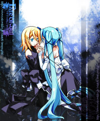 Rule 34 | 2girls, blonde hair, blue eyes, blue hair, detached sleeves, dress, eye contact, fate of soul (vocaloid), hair ornament, hairclip, holding hands, hatsune miku, kagamine rin, kneeling, long hair, looking at another, multiple girls, negi (ulog&#039;be), pantyhose, short hair, twintails, very long hair, vocaloid, yami-iro alice (vocaloid), yuri