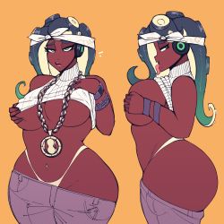 Rule 34 | 1girl, animated, animated gif, apple watch, ass, bare shoulders, bracelet, breasts, breasts out, breasts squeezed together, cdlum, clothes lift, clothes pull, crop top, curvy, grabbing own breast, green eyes, headphones, highleg, highleg panties, highres, huge ass, jewelry, large breasts, marina (splatoon), mole, mole under mouth, navel, navel piercing, necklace, nintendo, no bra, octoling, octoling player character, open mouth, panties, pants, pants pull, piercing, shirt lift, sleeveless, smartwatch, smile, solo, splatoon (series), splatoon 2, stomach, symbol-shaped pupils, tentacle hair, thick thighs, thighs, tongue, tongue out, turtleneck, underboob, underwear, watch, white panties, wide hips, wristwatch, yellow background