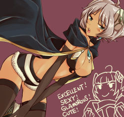Rule 34 | 10s, 1girl, ahoge, alternate costume, arched back, bad id, bad pixiv id, belt, bikini, bikini top only, black thighhighs, blue cape, blue eyes, book, breasts, cape, chibi, chibi inset, choker, cleavage, commentary request, cowboy shot, dark-skinned female, dark skin, dutch angle, earrings, english text, fur trim, hair ornament, head tilt, jewelry, large breasts, legs apart, meteora osterreich, midriff, open mouth, purple background, re:creators, short hair, shorts, silver hair, solo, standing, stomach, suo (sndrta2n), swimsuit, thighhighs, v arms