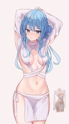 Rule 34 | 1girl, absurdres, alternate costume, arms up, blue eyes, blue hair, blue nails, blush, breasts, highres, hololive, hoshimachi suisei, karu (karusenpai), long hair, nail polish, navel, reference inset, simple background, small breasts, solo, star (symbol), star in eye, stomach, symbol in eye, virtual youtuber, white background