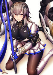 Rule 34 | 1girl, armor, azur lane, bad id, bad pixiv id, blush, breastplate, breasts, cannon, chin gero, corset, fleur-de-lis, full body, gauntlets, grey hair, hair between eyes, hair ornament, highres, holding, holding polearm, holding spear, holding weapon, large breasts, light blush, long hair, looking at viewer, mole, mole under eye, pleated skirt, polearm, red eyes, saint-louis (azur lane), skirt, solo, spear, unitard, weapon, white footwear, white skirt