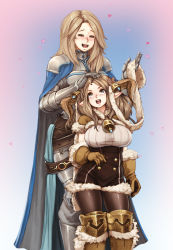Rule 34 | 10s, 2girls, :3, :d, = =, armor, barbariank, bell, blush, breasts, brown hair, cape, commentary, daetta (granblue fantasy), draph, closed eyes, fur-trimmed gloves, fur trim, gauntlets, gloves, granblue fantasy, greaves, hair bell, hair ornament, heart, height difference, highres, horns, katalina (granblue fantasy), large breasts, long hair, multiple girls, open mouth, pauldrons, headpat, pointy ears, shoulder armor, smile, underbust