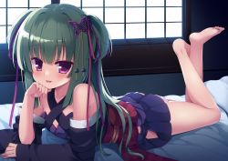 Rule 34 | 1girl, ass, bare shoulders, barefoot, bed sheet, blush, breasts, butterfly hair ornament, head rest, collarbone, feet, fingernails, full body, green hair, hair ornament, hair ribbon, highres, indoors, japanese clothes, legs up, long hair, looking at viewer, lying, murasame (senren), obi, on bed, on stomach, open mouth, purple eyes, ribbon, sash, senren banka, skirt, small breasts, smile, solo, the pose, tsurime, two side up, wide sleeves, window, yuzu modoki