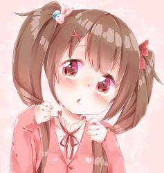 Rule 34 | 1girl, bad id, bad pixiv id, blush, bow, brown hair, buttons, cardigan, hair bow, hair ornament, heart, heart-shaped pupils, highres, holding, holding own hair, long hair, long sleeves, looking at viewer, original, pink background, rabbit hair ornament, red eyes, ribbon, rima (rimarip), solo, star (symbol), starry background, symbol-shaped pupils, twintails