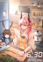 Rule 34 | 1other, 2girls, absurdres, aged down, amiya (arknights), animal ears, apron, arknights, blue eyes, carrot, commentary request, cooking, cooking pot, demon girl, demon horns, doctor (arknights), english text, highres, holding, holding paper, horns, jueduihuoli, kitchen, kitchen knife, long hair, material growth, multiple girls, oripathy lesion (arknights), paper, pink hair, rabbit ears, rabbit girl, red eyes, refrigerator, stove, theresa (arknights)