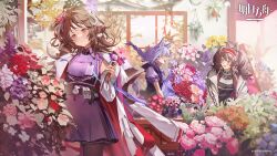 Rule 34 | 3girls, angelina (arknights), animal ears, arknights, braid, coat, eyjafjalla (arknights), eyjafjalla the hvit aska (arknights), flower, hair ornament, highres, holding, holding flower, horns, jewelry, long hair, multiple girls, necklace, official art, plant, potted plant, provence (arknights), red eyes, smile, tail, twintails