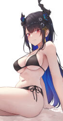 Rule 34 | 1girl, absurdres, asymmetrical horns, bare shoulders, bikini, black bikini, black hair, blue hair, blush, breasts, closed mouth, colored inner hair, demon horns, hair ornament, highres, hololive, hololive english, horns, large breasts, long hair, looking at viewer, mole, mole under eye, multicolored hair, nerissa ravencroft, red eyes, shironekokfp, sitting, solo, strap gap, sweat, swimsuit, tassel, tassel hair ornament, two-tone hair, uneven horns, virtual youtuber, wet