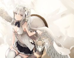 Rule 34 | 1girl, angel, angel wings, bad id, bad pixiv id, bare shoulders, black ribbon, bow, breasts, chair, cleavage, closed mouth, collar, detached collar, feathered wings, feathers, flower, frilled skirt, frills, from above, grey hair, hair flower, hair ornament, holding, lantern, looking at viewer, original, pleated skirt, ribbon, see-through, shirt, sidelocks, sitting, skirt, sleeveless, sleeveless shirt, solo, thighhighs, two side up, wavy hair, white eyes, white shirt, wings, wrist ribbon, yukisame, zettai ryouiki