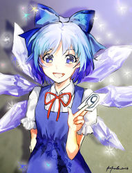 Rule 34 | circled 9, 1girl, bad id, bad pixiv id, blue dress, blue eyes, blue hair, blush, cirno, dress, hair ribbon, ice, ice wings, looking at viewer, matching hair/eyes, mimizu (huangqiuyin), mimizu (pixiv2703534), open mouth, puffy sleeves, ribbon, short hair, short sleeves, smile, solo, sparkle, touhou, upper body, wings
