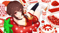 Rule 34 | 1girl, bandaged leg, bandages, bare shoulders, black thighhighs, blush, breasts, brown hair, cake, candy, cleavage, commentary request, cup, cushion, downblouse, dress, food, from above, fruit, gibun (sozoshu), highres, holding, holding cup, holding food, holding fruit, holding spoon, ice cream, ice cream cone, kono subarashii sekai ni shukufuku wo!, long sleeves, looking at viewer, medium hair, megumin, no bra, off-shoulder dress, off shoulder, plate, red dress, red eyes, sidelocks, single thighhigh, small breasts, solo, spoon, strawberry, strawberry shortcake, sweets, thighhighs
