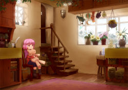 Rule 34 | 1girl, barrel, boots, bottle, cabinet, capelet, carpet, chair, crescent, hugging doll, door, flower, indoors, jar, lonely, nagian, hugging object, pink eyes, pink hair, plant, pot, potted plant, quill, room, short hair, sitting, solo, stairs, stuffed animal, stuffed toy, vase, vines, window, wooden floor