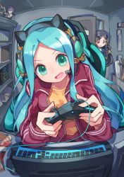 Rule 34 | 2girls, :d, absurdres, animal ears, bag of chips, black hair, blue hair, braid, brown shirt, chair, character request, chips (food), collarbone, controller, fake animal ears, food, forehead, game controller, green eyes, head tilt, headphones, headset, highres, holding, indoors, jacket, keyboard (computer), kuuron (moesann17), long hair, monitor, multiple girls, office chair, on chair, open clothes, open door, open jacket, open mouth, pants, parted bangs, potato chips, puzzle &amp; dragons, red jacket, shirt, smile, solo focus, swivel chair, track jacket, track pants, track suit, v-shaped eyebrows, very long hair