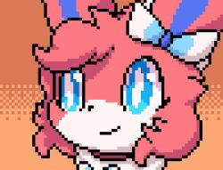 Rule 34 | animal focus, animated, animated gif, blue bow, blue bowtie, blue eyes, blush, bow, bowtie, bright pupils, closed mouth, collar, commission, constricted pupils, creatures (company), game freak, gen 6 pokemon, gradient background, hair bow, half-closed eyes, happy, looping animation, lowres, nintendo, no humans, open mouth, orange background, pink hair, pixel art, pokemon, pokemon (creature), portrait, shaded face, short hair, sideways mouth, simple background, smile, solo, sylveon, white pupils, wide-eyed, wisgarus