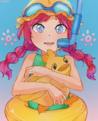Rule 34 | 1girl, absurdres, animal, artist name, bird, black eyes, blue eyes, braid, brawl stars, commentary, cowboy shot, duck, english commentary, goggles, goggles on headwear, highres, holding, holding animal, innertube, jessie (brawl stars), long hair, looking up, open mouth, red hair, signature, simple background, sketch, smirk, snorkel, solo, starryoryx, sun symbol, swim cap, swim ring, swimsuit, twin braids, twintails, yellow headwear