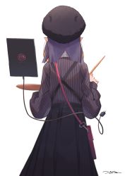Rule 34 | 1girl, absurdres, back, back focus, bag, from behind, handbag, hat, highres, hololive, hololive english, long skirt, ninomae ina&#039;nis, ninomae ina&#039;nis (casual), paintbrush, palette (object), pointy ears, purple hair, shirt, skirt, striped clothes, striped shirt, tablet pc, tsukino (nakajimaseiki), virtual youtuber, white background, x-ray