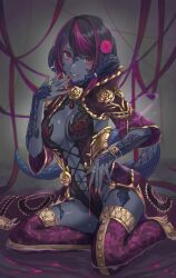 Rule 34 | 1girl, absurdres, au ra, warrior of light (ff14), black hair, breasts, cleavage, colored skin, curled horns, enporion, final fantasy, final fantasy xiv, fingernails, flower, gold, grey skin, grin, hair flower, hair ornament, highres, horns, jewelry, looking at viewer, medium breasts, multicolored hair, purple hair, red eyes, ring, scales, sharp fingernails, sharp teeth, sitting, smile, solo, streaked hair, tail, teeth, thighhighs