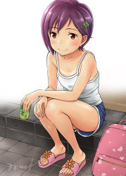 Rule 34 | 1girl, backpack, bag, black hair, blue shorts, blush, brown eyes, camisole, can, closed mouth, clover hair ornament, drink can, four-leaf clover hair ornament, hair ornament, hairclip, heart, heart print, highres, holding, looking at viewer, malcorond, original, pink bag, purple hair, red eyes, sandals, short hair, shorts, signature, sitting, smile, soda can, solo, tan, tanline, toes, unworn backpack, unworn bag, white camisole