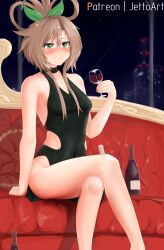 Rule 34 | 1girl, alternate costume, alternate hairstyle, bare arms, bare legs, black dress, blush, bottle, breasts, brown hair, cup, dress, drinking glass, green eyes, highres, holding, holding cup, if (neptunia), jetkerbal, long hair, looking at viewer, neptune (series), sitting, small breasts, smile, wine bottle, wine glass