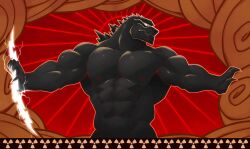 Rule 34 | 1boy, abs, bara, cloud, dinosaur boy, electricity, electrokinesis, fine art parody, furry, furry male, godzilla, godzilla (series), greek painting style, hercules (1997 film), here comes zeuszilla (meme), highres, holding lightning bolt, koudro, large pectorals, male focus, meme, muscular, muscular male, nude, outstretched arms, parody, pectorals, profile, solo, spread arms, style parody, sunburst, upper body, v-taper, zeuszilla (plasmili0)