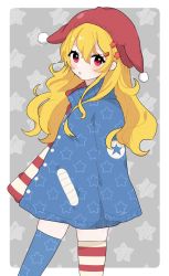 Rule 34 | 1girl, :o, adapted costume, american flag legwear, blonde hair, blush, clownpiece, coat, dress, eyebrows hidden by hair, hair between eyes, hair ornament, hat, highres, jester cap, long hair, looking at viewer, necono (nyu6poko), one-hour drawing challenge, red eyes, solo, star (symbol), star print, starry background, touhou