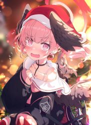 Rule 34 | 1girl, absurdres, black wings, blue archive, blush, christmas, christmas tree, embarrassed, feathered wings, grey wings, halo, hat, head wings, highres, koharu (blue archive), looking at viewer, low twintails, low wings, neckerchief, ogipote, pink eyes, pink hair, pink neckerchief, red hat, sailor collar, santa hat, solo, twintails, white sailor collar, winged hat, wings