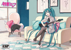 Rule 34 | 1girl, aqua eyes, aqua hair, black ribbon, black thighhighs, cat, chair, character name, commentary request, couch, crossed legs, crypton future media, cushion, drawing (object), dress, electric guitar, esp guitars, flower, guitar, hair ornament, hatsune miku, holding, holding instrument, indoors, instrument, ixima, long hair, looking to the side, music, neck ribbon, official art, open mouth, piapro, playing instrument, ribbon, room, rug, short sleeves, sitting, slippers, smile, solo, starfish, thighhighs, twintails, very long hair, vocaloid, white dress, white footwear, window, wooden floor