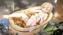 Rule 34 | 1girl, bath, blonde hair, blurry, cathayan, commentary request, covering privates, covering breasts, depth of field, from above, green eyes, hand in own hair, indoors, nude, official art, original, plant, shoes, unworn shoes, sitting, solo, window blinds